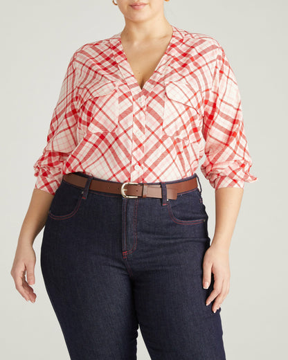 Universal Standard Cooling Stretch Cupro Button-Down Blouse - Red Plaid Print