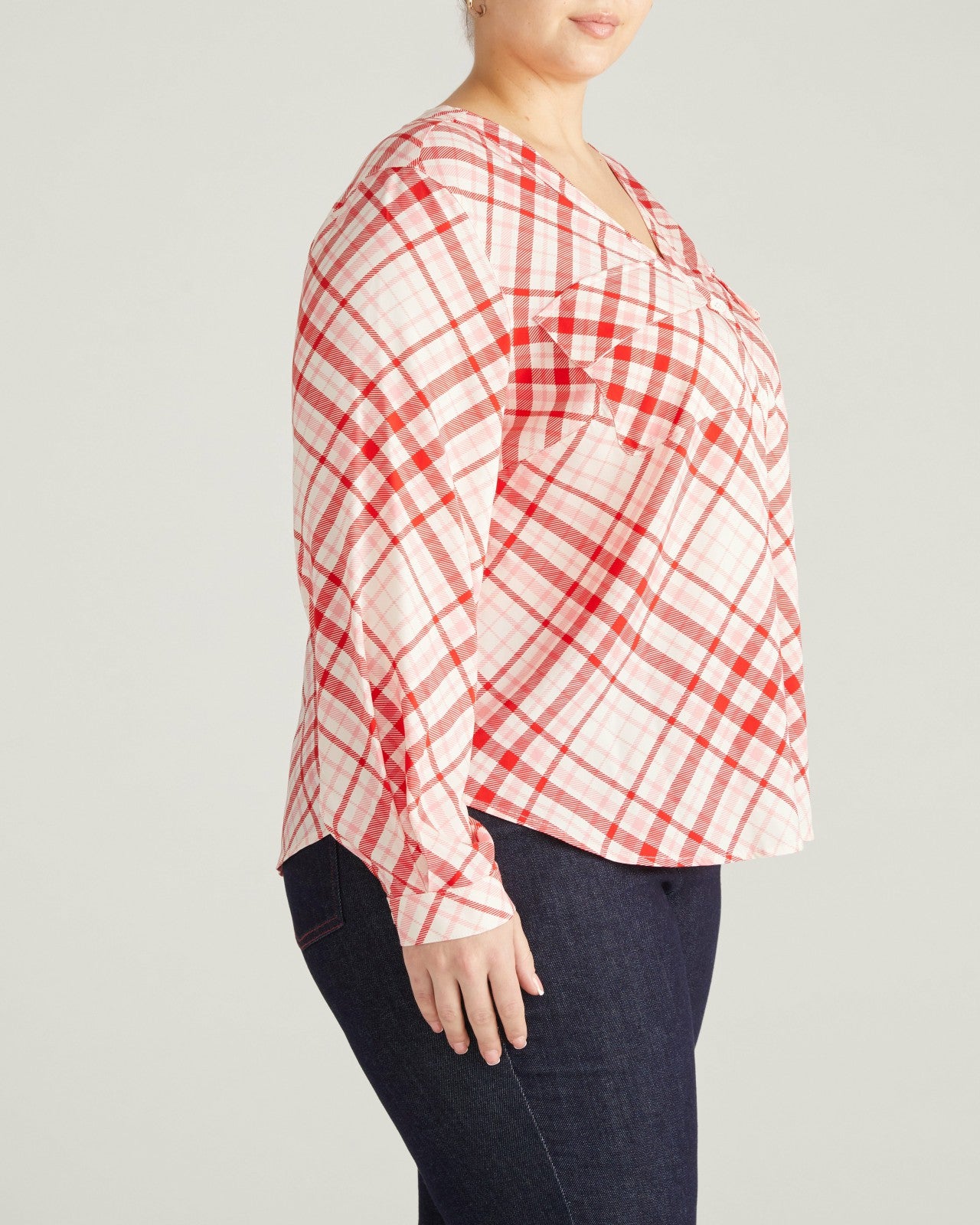Universal Standard Cooling Stretch Cupro Button-Down Blouse - Red Plaid Print