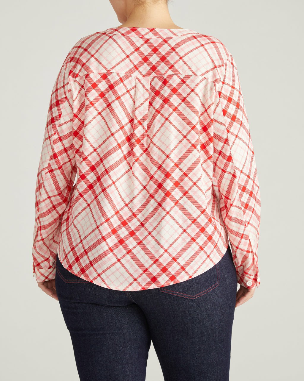 Universal Standard Cooling Stretch Cupro Button-Down Blouse - Red Plaid Print