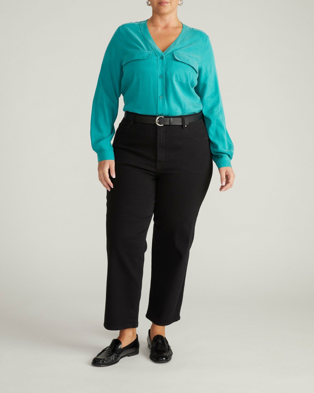 Universal Standard Cooling Stretch Cupro Button-Down Blouse - Green Tourmaline