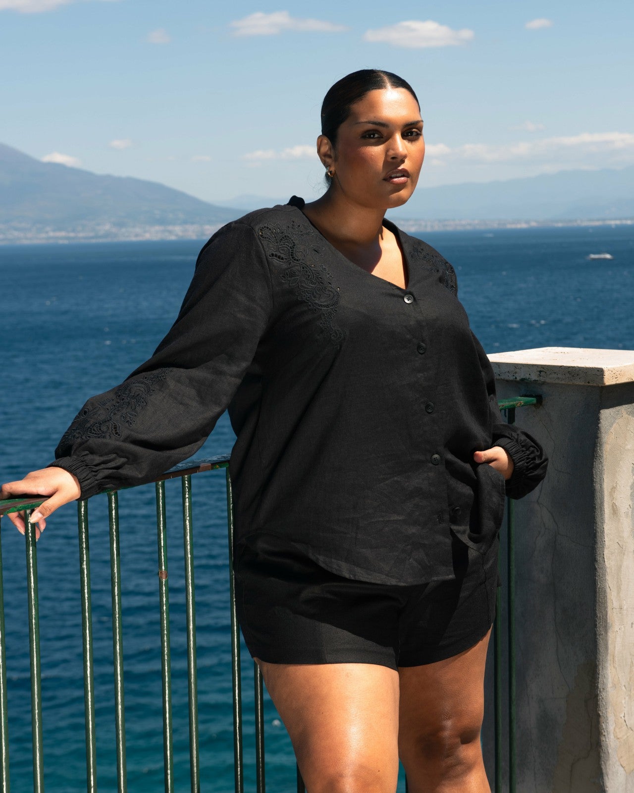 Universal Standard Frances Embroidered Linen Blend Blouse - Black