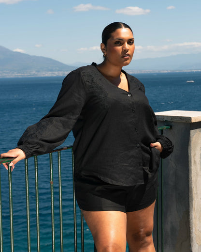 Universal Standard Frances Embroidered Linen Blend Blouse - Black