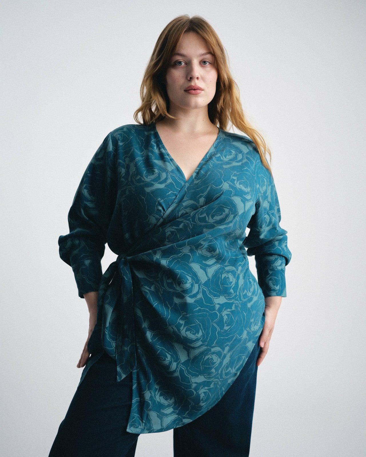 Universal Standard Beacon Stretch Cupro Wrap Shirt - Rose Print in Deep Teal