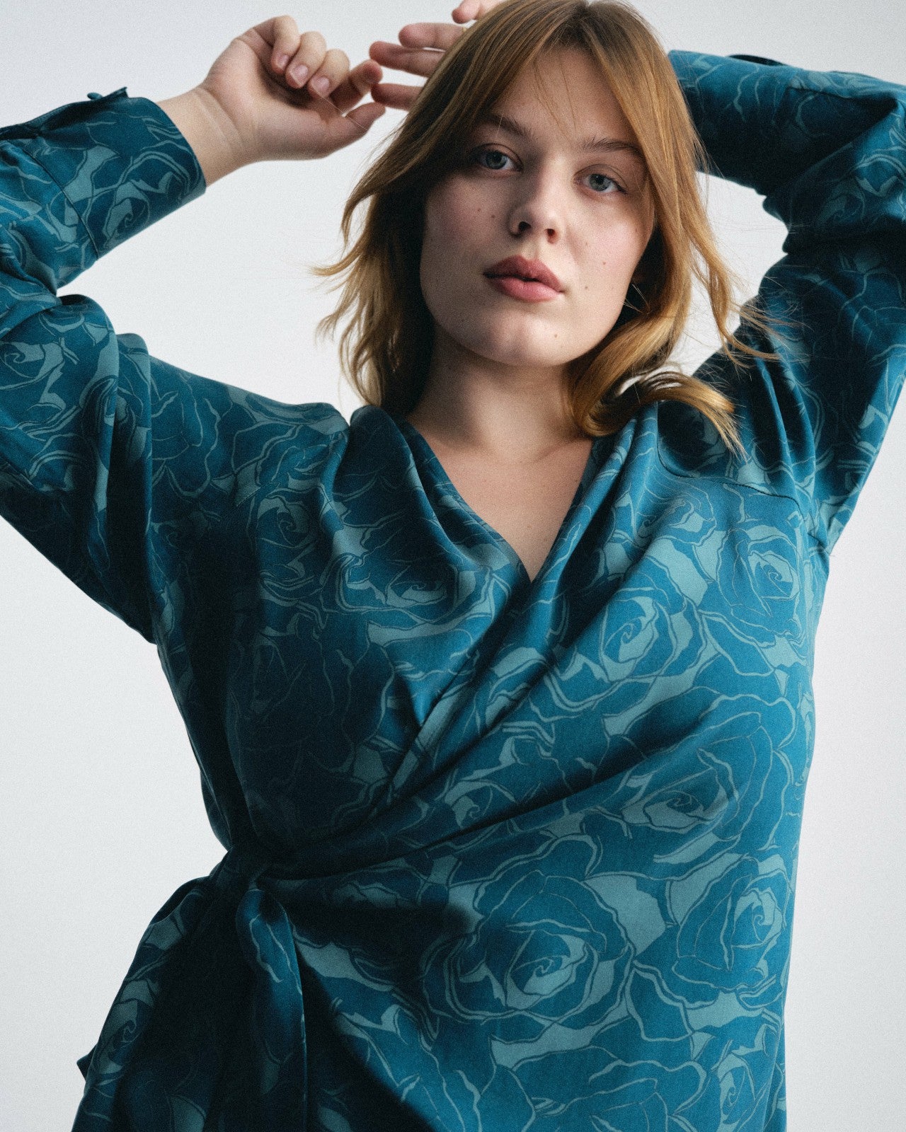 Universal Standard Beacon Stretch Cupro Wrap Shirt - Rose Print in Deep Teal