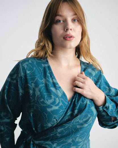Universal Standard Beacon Stretch Cupro Wrap Shirt - Rose Print in Deep Teal