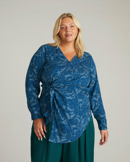 Universal Standard Beacon Stretch Cupro Wrap Shirt - Rose Print in Deep Teal