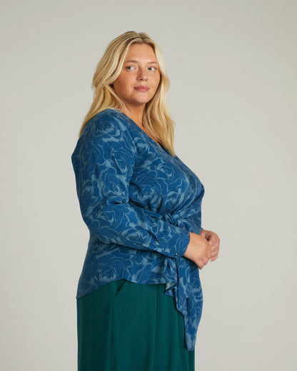 Universal Standard Beacon Stretch Cupro Wrap Shirt - Rose Print in Deep Teal