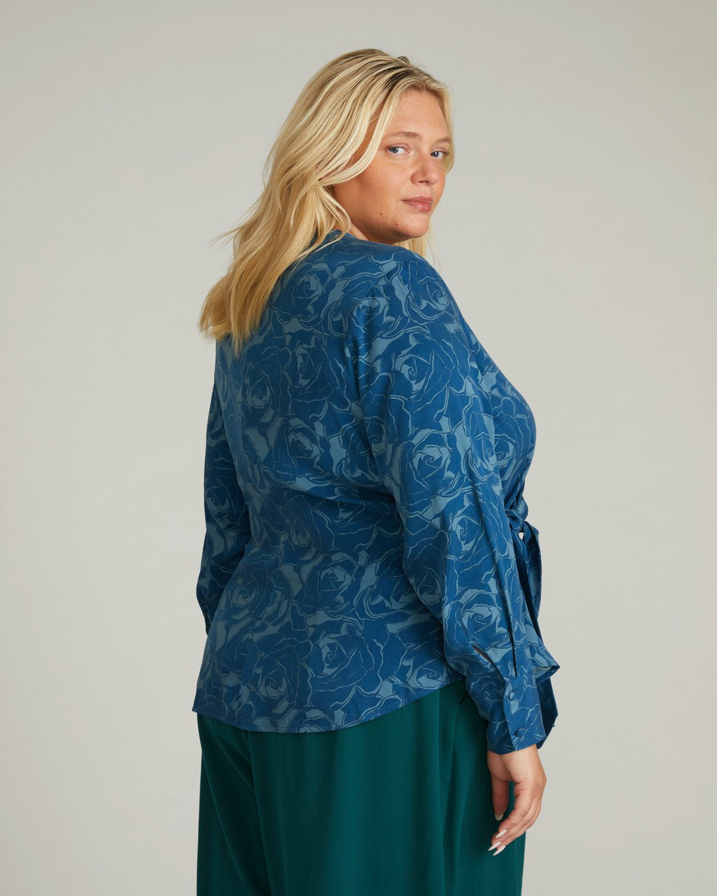 Universal Standard Beacon Stretch Cupro Wrap Shirt - Rose Print in Deep Teal