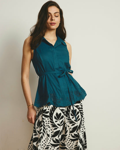 Universal Standard Adelaide Embroidered Sleeveless Linen Blend Shirt - Ink Blue
