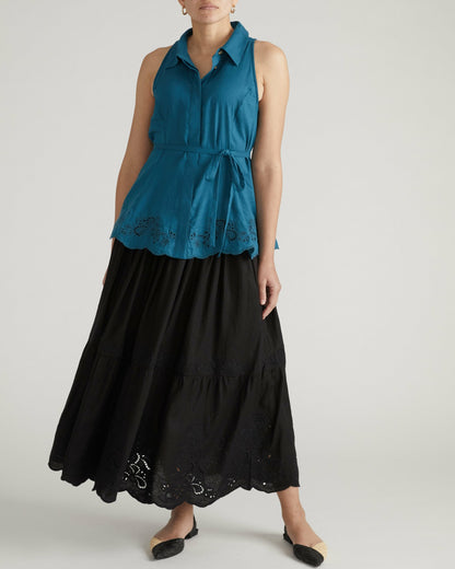 Universal Standard Adelaide Embroidered Sleeveless Linen Blend Shirt - Ink Blue