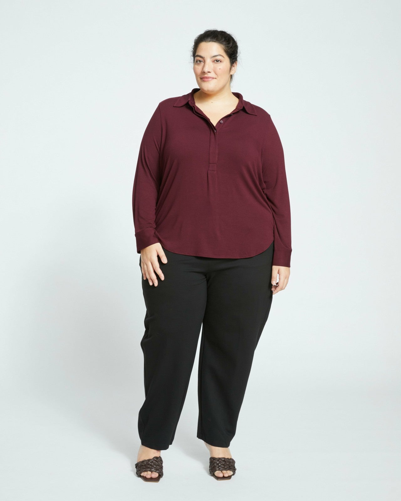 Universal Standard Elbe Popover Liquid Jersey Shirt Classic Fit - Black Cherry