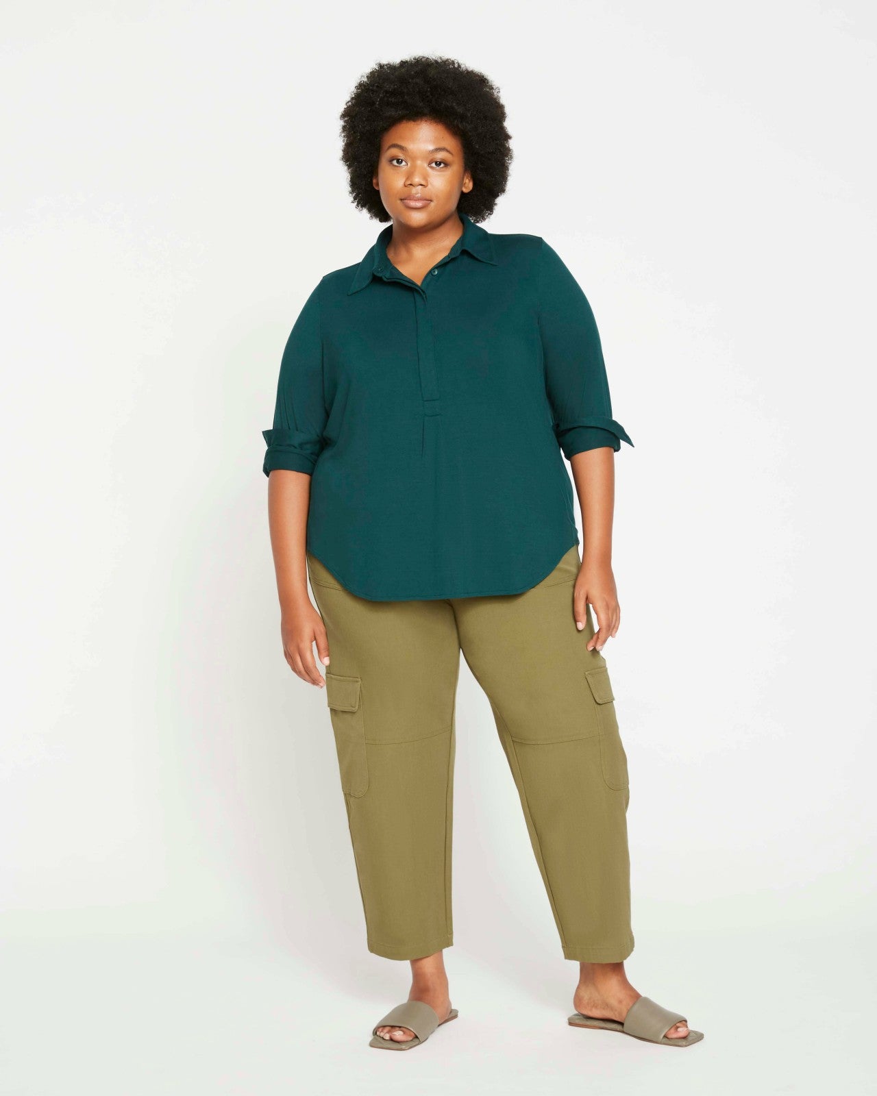 Universal Standard Elbe Popover Liquid Jersey Shirt Classic Fit - Forest Green