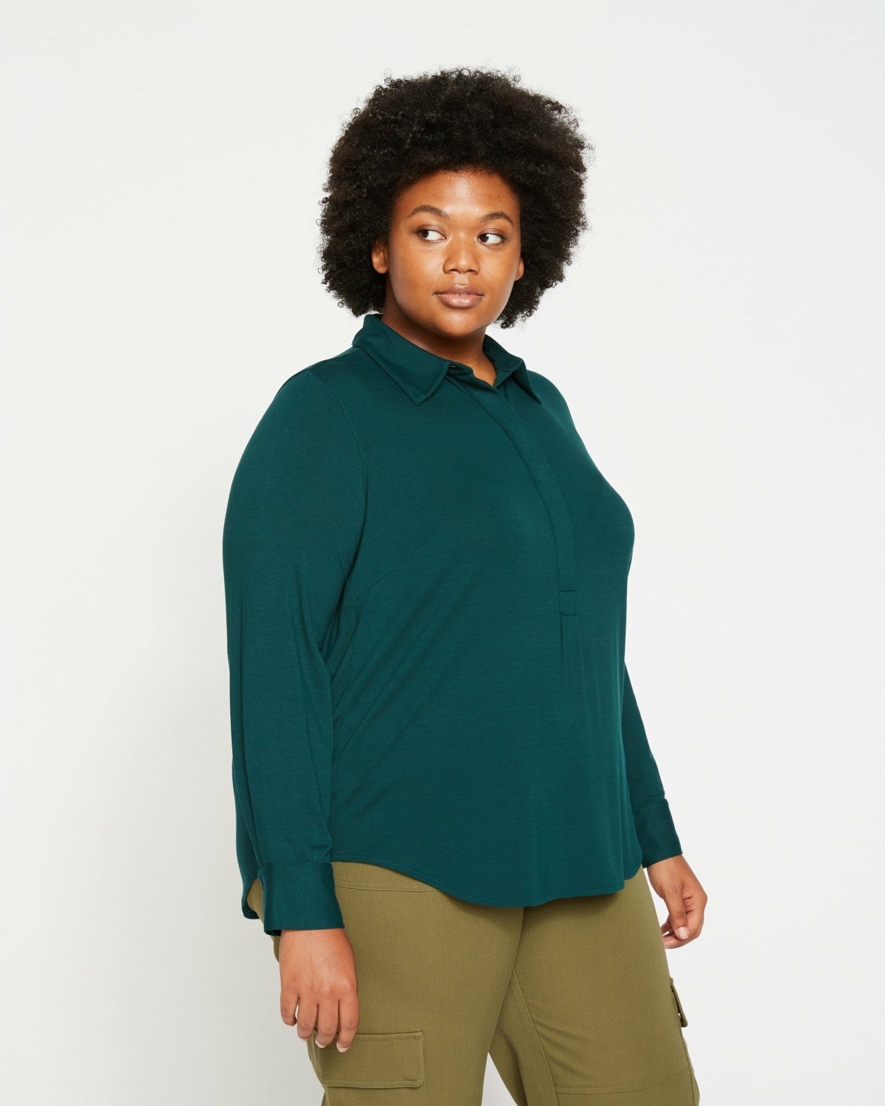 Universal Standard Elbe Popover Liquid Jersey Shirt Classic Fit - Forest Green