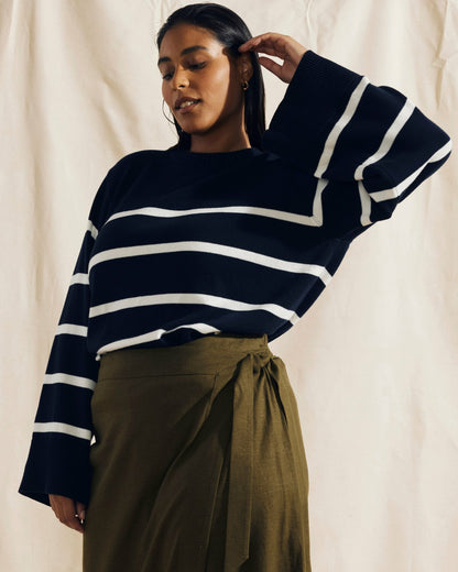 Universal Standard Bardot Wide Sleeve Cotton Sweater - Navy/White