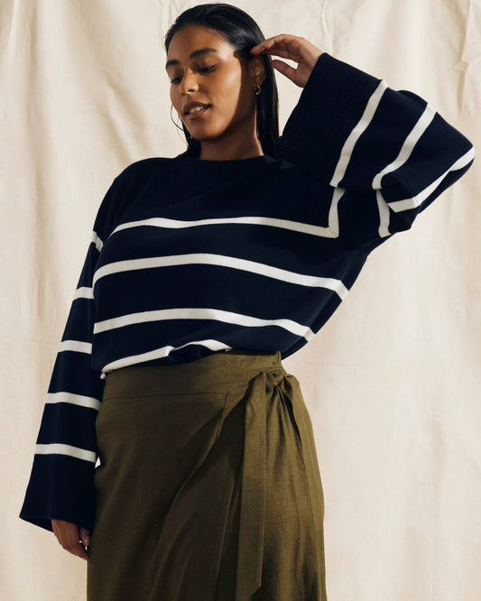 Universal Standard Bardot Wide Sleeve Cotton Sweater - Navy/White