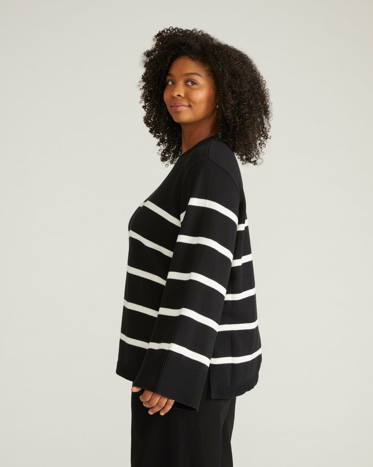 Universal Standard Bardot Wide Sleeve Cotton Sweater - Black/White