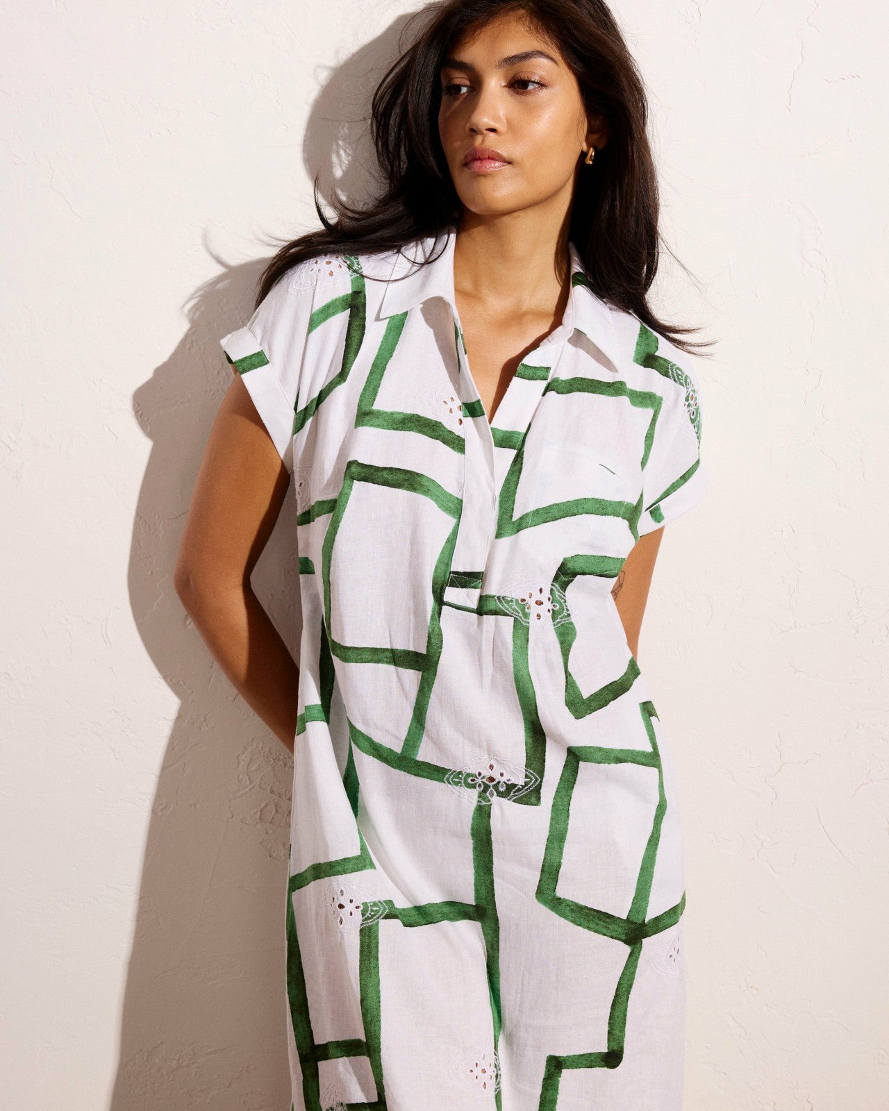 Universal Standard Sunshine Linen Blend Polo Dress - Green Paint Print