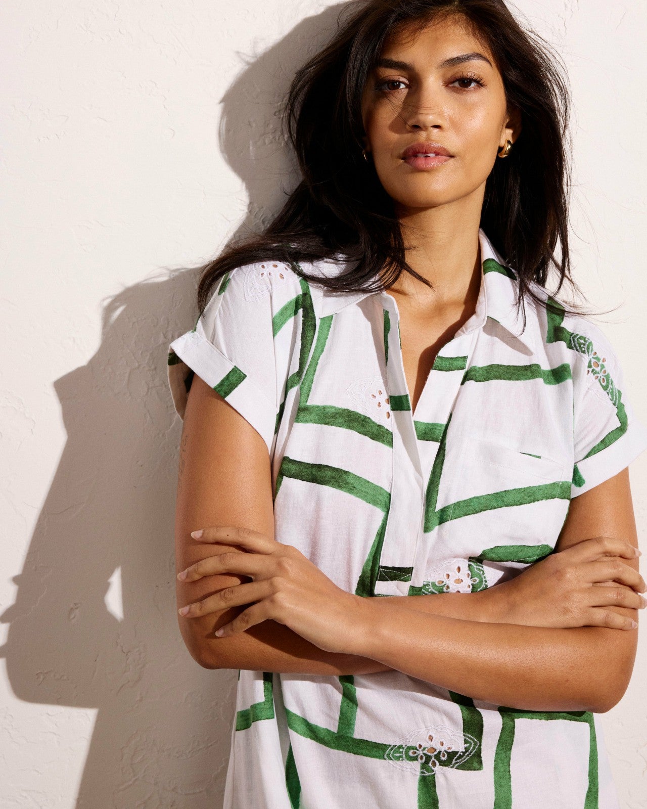 Universal Standard Sunshine Linen Blend Polo Dress - Green Paint Print