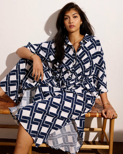 Universal Standard Paros Drawstring Linen Blend Shirtdress - Geometrica Print