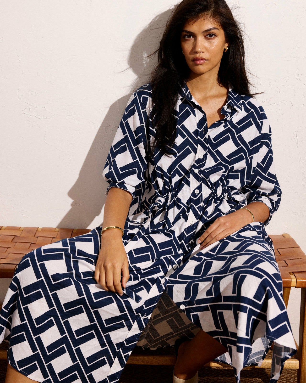 Universal Standard Paros Drawstring Linen Blend Shirtdress - Geometrica Print