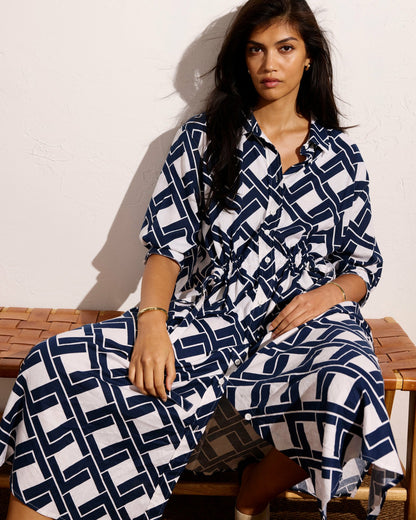 Universal Standard Paros Drawstring Linen Blend Shirtdress - Geometrica Print