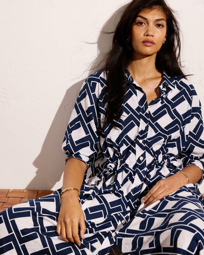 Universal Standard Paros Drawstring Linen Blend Shirtdress - Geometrica Print