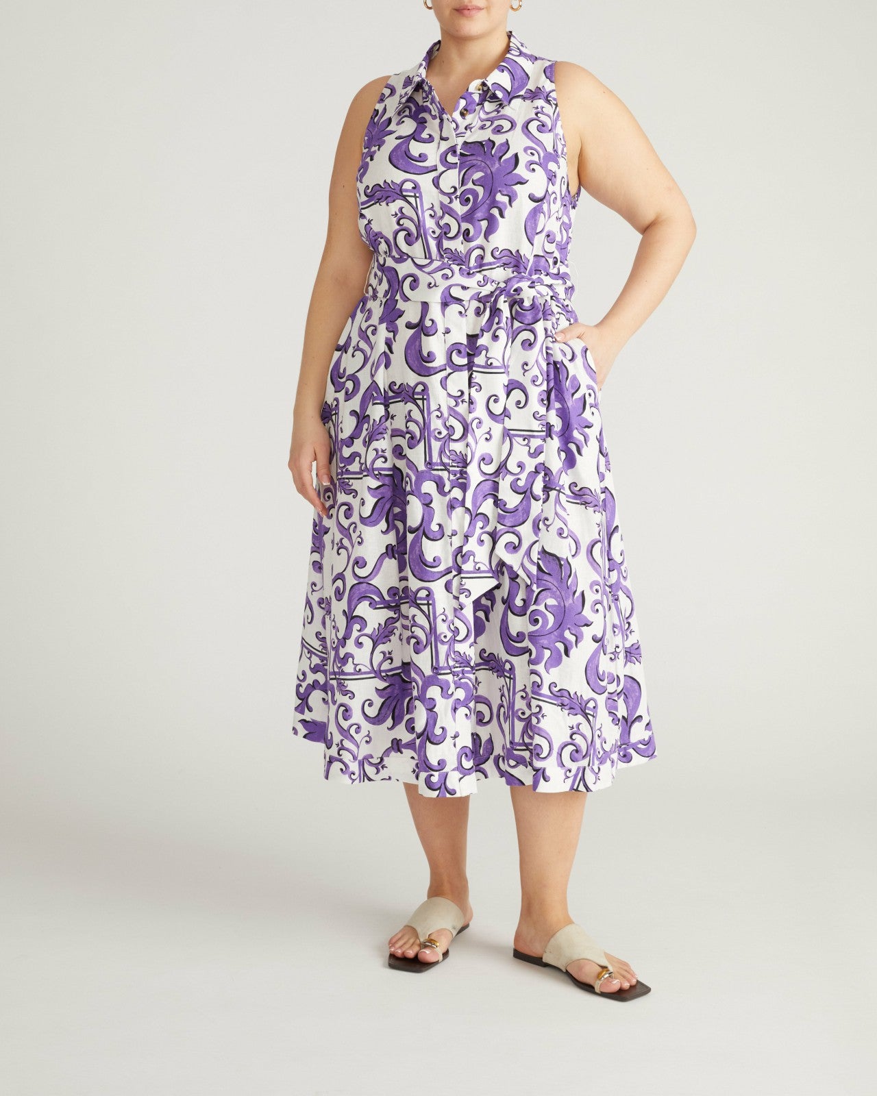 Universal Standard Adelaide Linen Blend Shirtdress - Purple Majolica Print