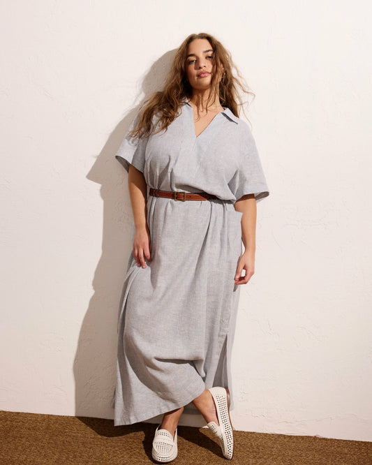 Universal Standard Padma Polo Neck Linen Blend Dress - Beach Stripe