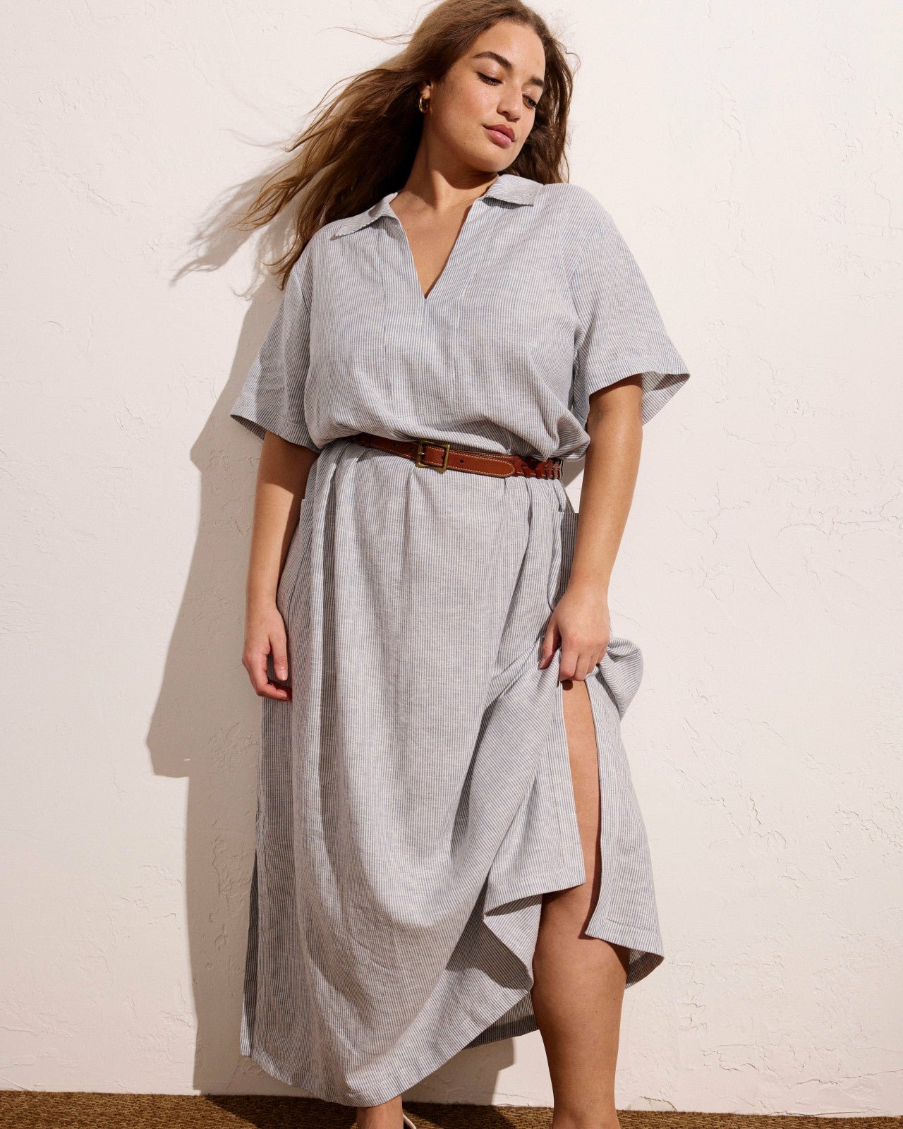 Universal Standard Padma Polo Neck Linen Blend Dress - Beach Stripe