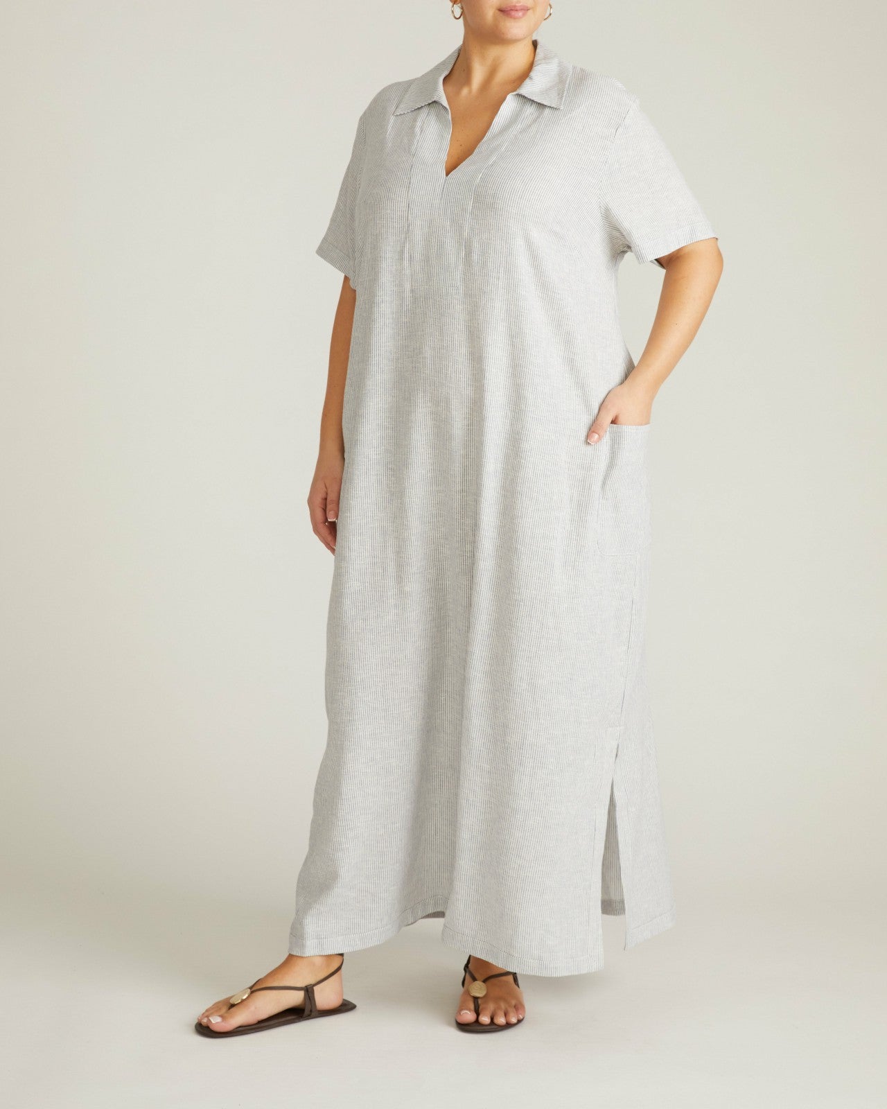 Universal Standard Padma Polo Neck Linen Blend Dress - Beach Stripe