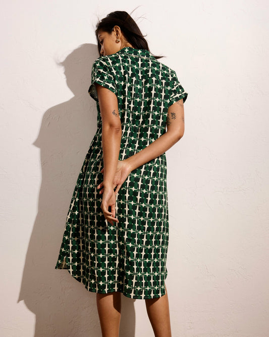 Universal Standard Sunshine Linen Blend Polo Dress - Green Trellis Print