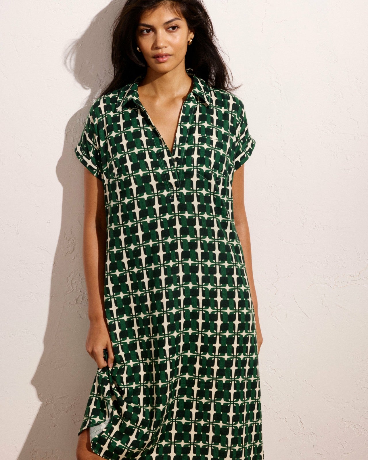 Universal Standard Sunshine Linen Blend Polo Dress - Green Trellis Print