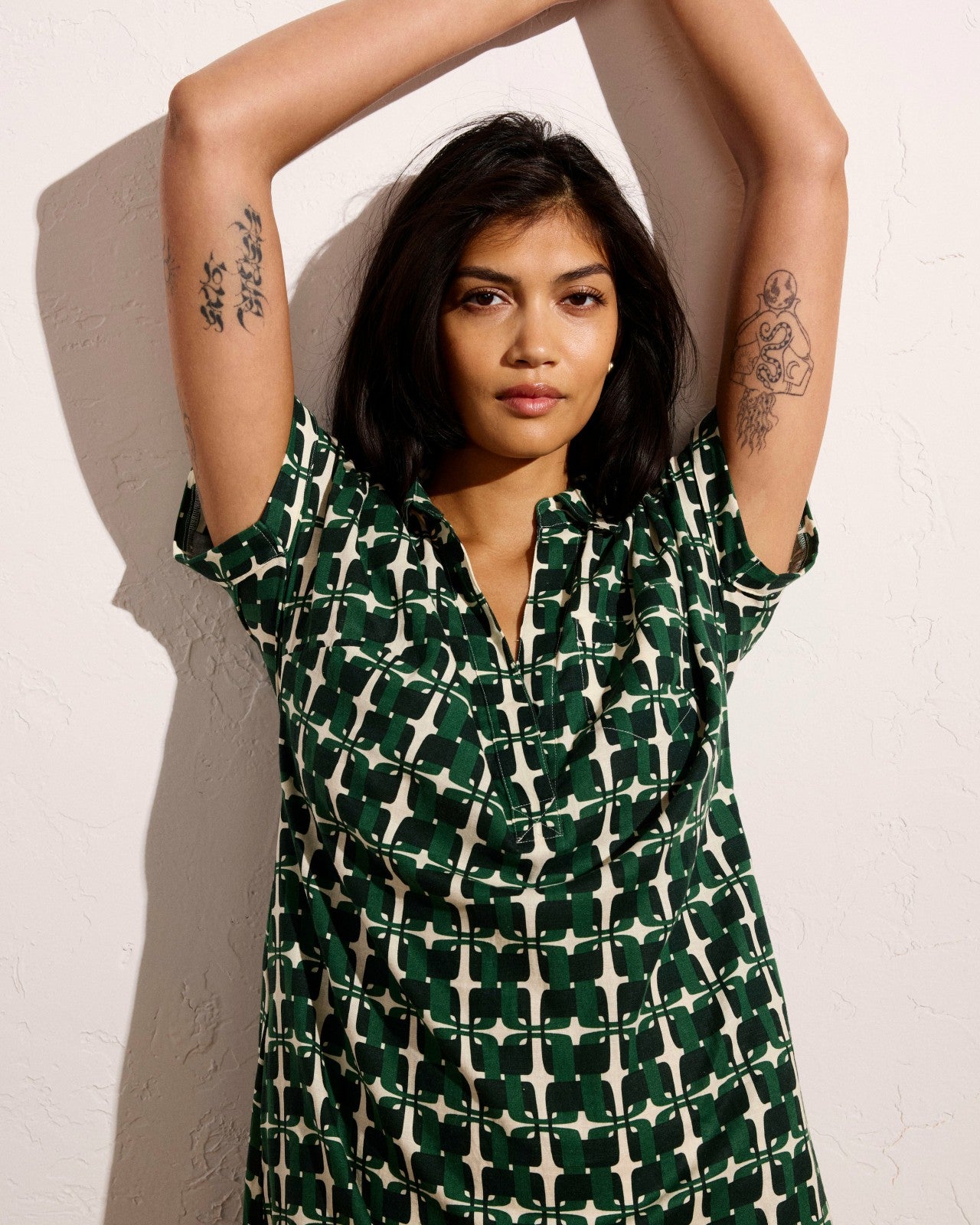 Universal Standard Sunshine Linen Blend Polo Dress - Green Trellis Print