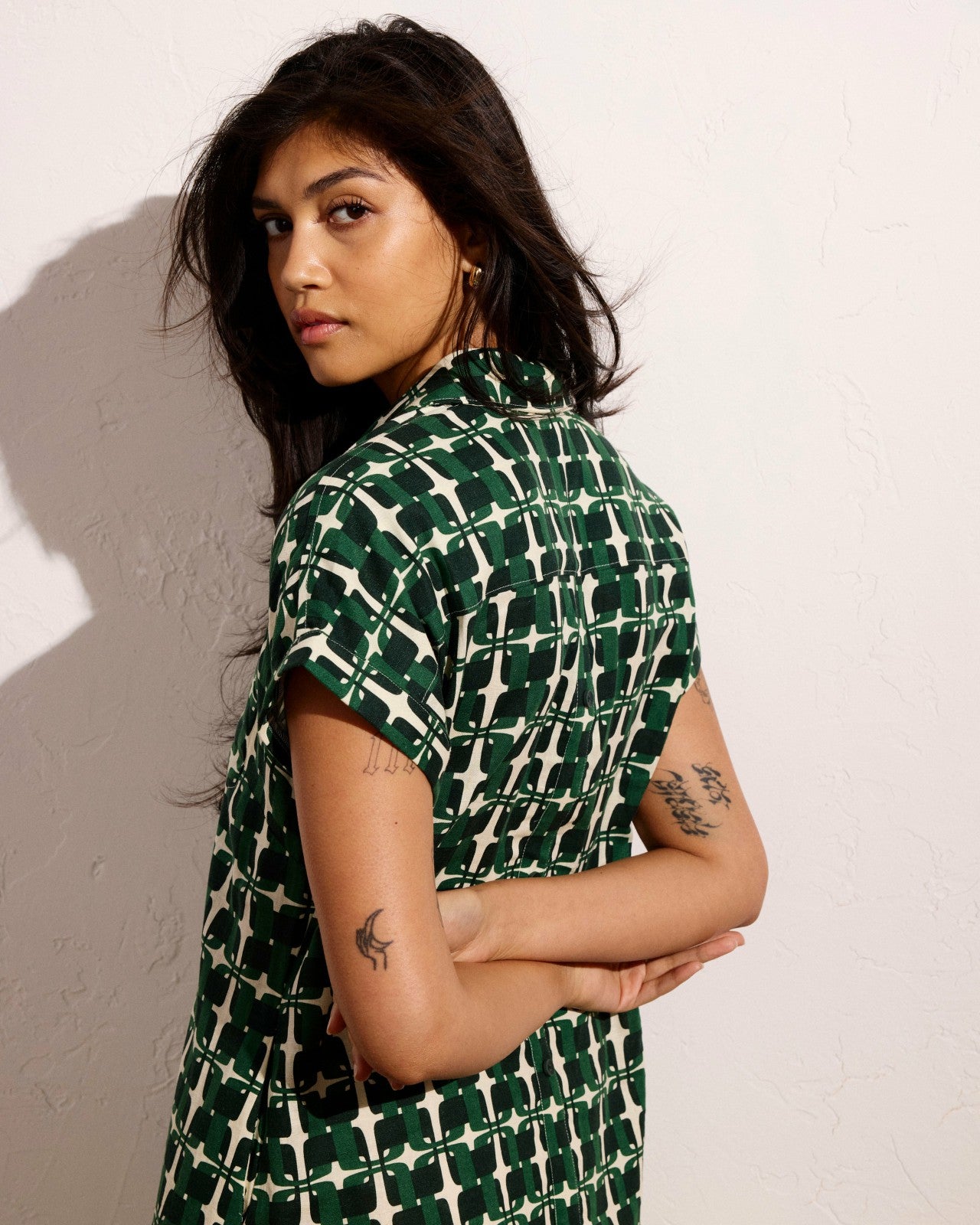 Universal Standard Sunshine Linen Blend Polo Dress - Green Trellis Print