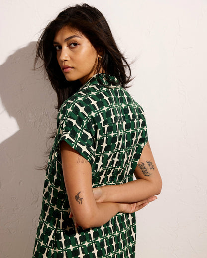 Universal Standard Sunshine Linen Blend Polo Dress - Green Trellis Print