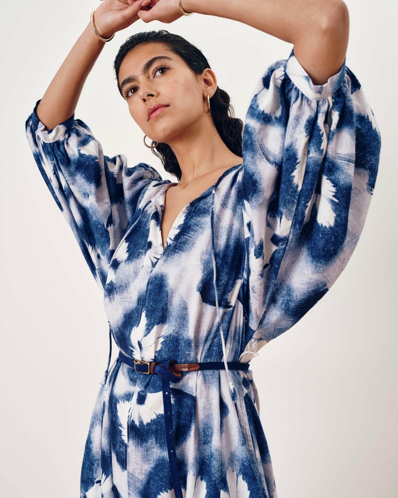 Universal Standard Amparo Linen Blend Dress - Blue Pressed Flower Print