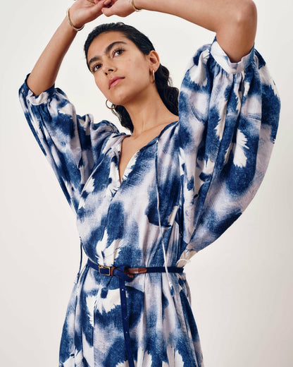 Universal Standard Amparo Linen Blend Dress - Blue Pressed Flower Print