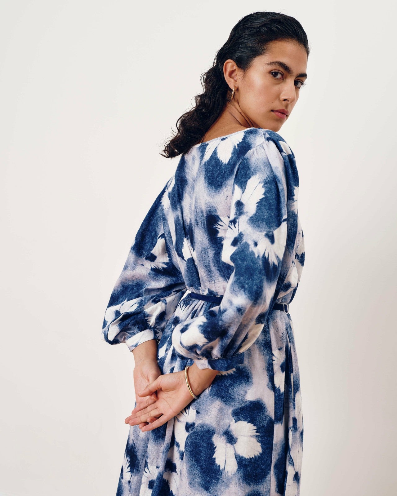 Universal Standard Amparo Linen Blend Dress - Blue Pressed Flower Print