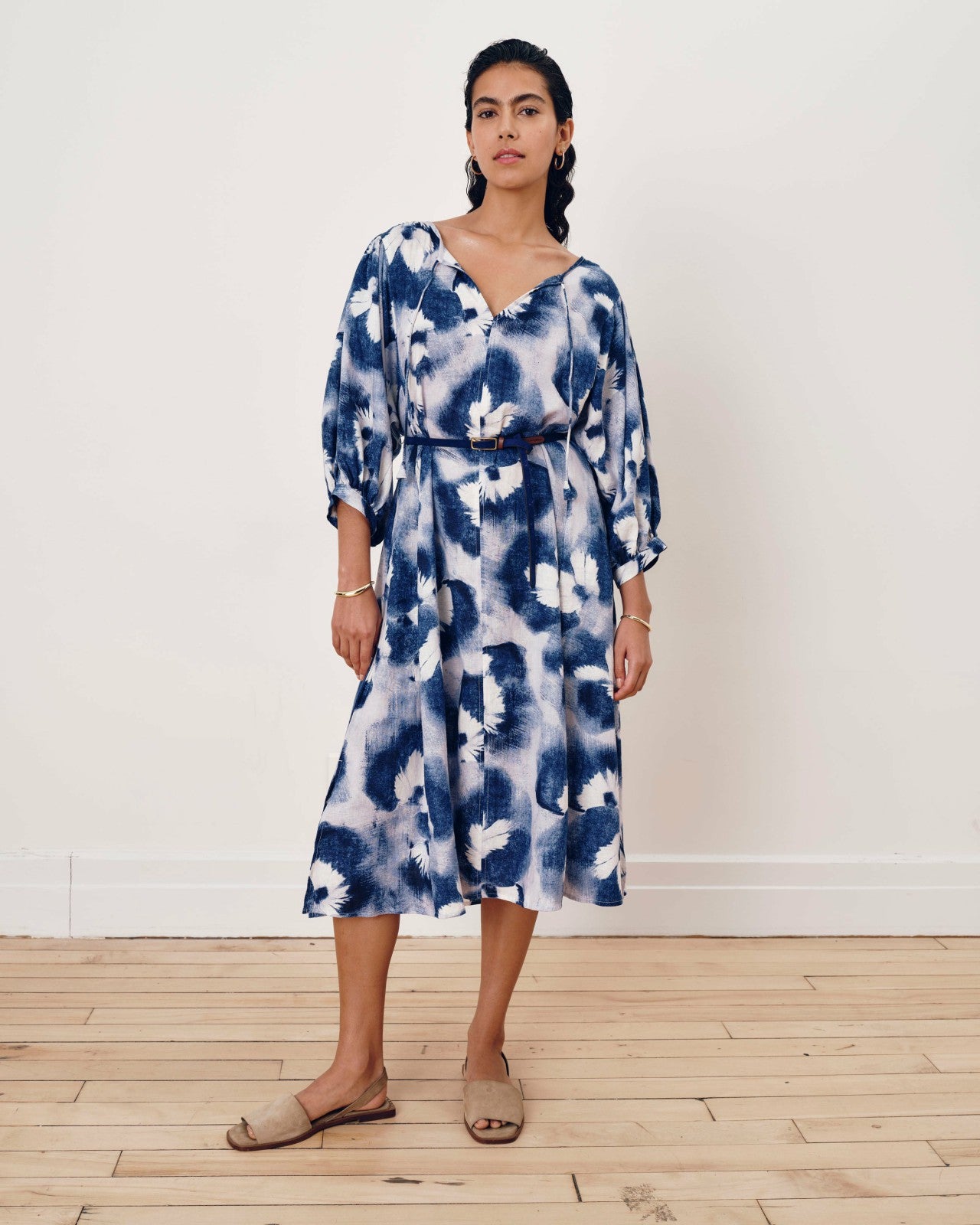 Universal Standard Amparo Linen Blend Dress - Blue Pressed Flower Print