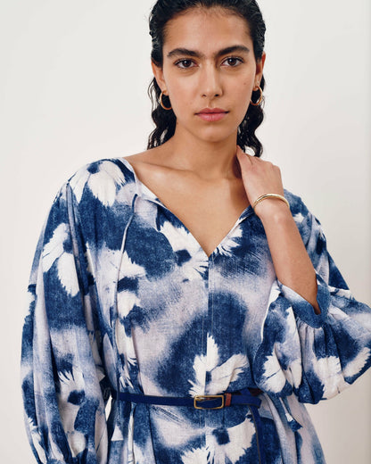 Universal Standard Amparo Linen Blend Dress - Blue Pressed Flower Print