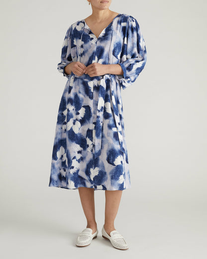 Universal Standard Amparo Linen Blend Dress - Blue Pressed Flower Print