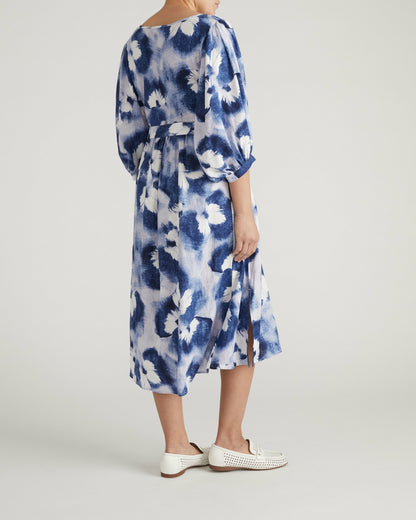 Universal Standard Amparo Linen Blend Dress - Blue Pressed Flower Print