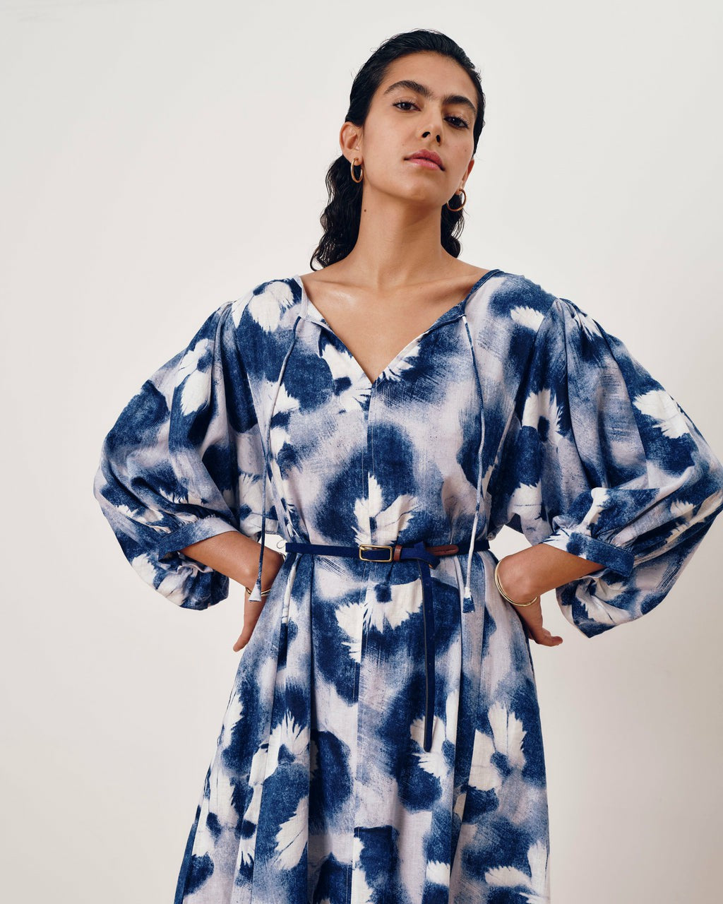 Universal Standard Amparo Linen Blend Dress - Blue Pressed Flower Print