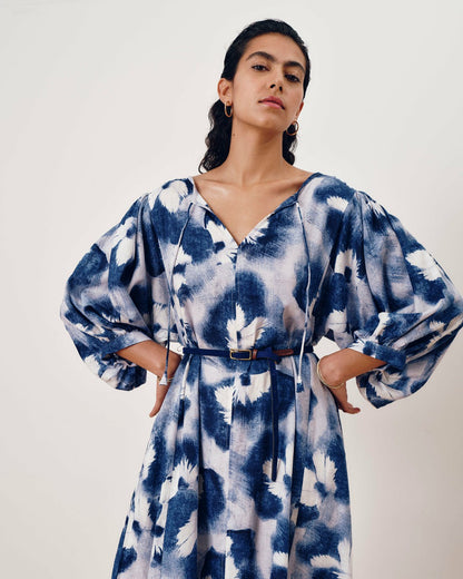 Universal Standard Amparo Linen Blend Dress - Blue Pressed Flower Print