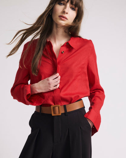 Universal Standard Elbe Stretch Linen Blend Shirt - Brilliant Red