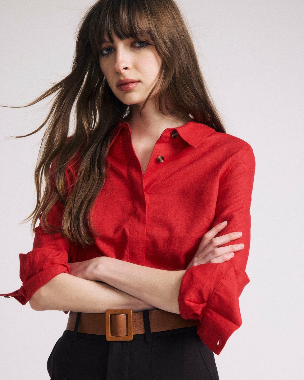 Universal Standard Elbe Stretch Linen Blend Shirt - Brilliant Red