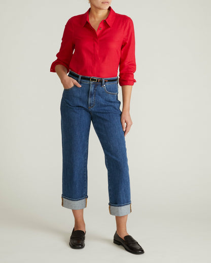 Universal Standard Elbe Stretch Linen Blend Shirt - Brilliant Red