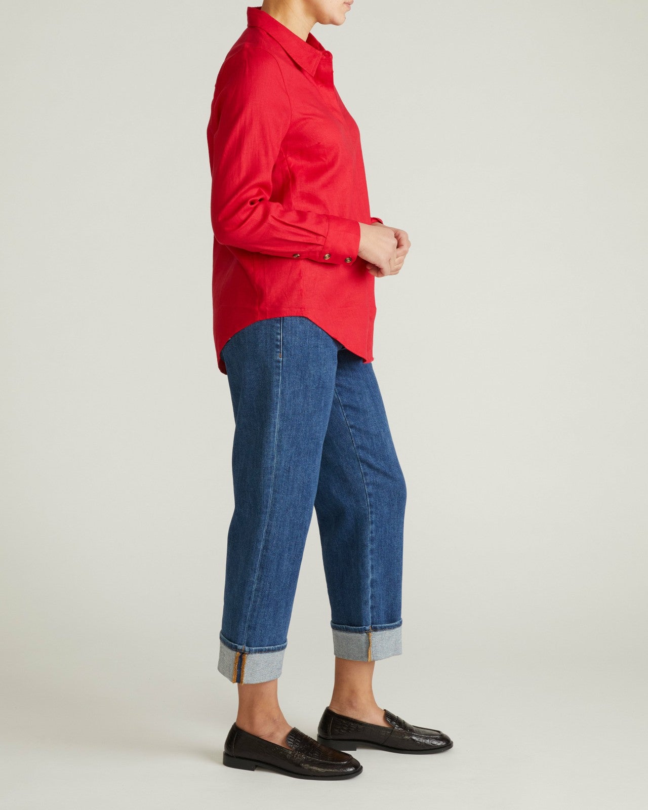 Universal Standard Elbe Stretch Linen Blend Shirt - Brilliant Red
