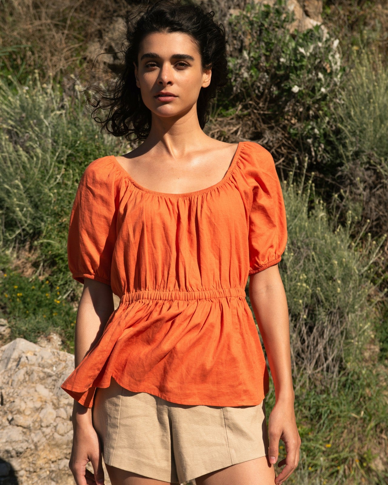 Universal Standard Andrea Peplum Linen Blend Top - Italian Orange