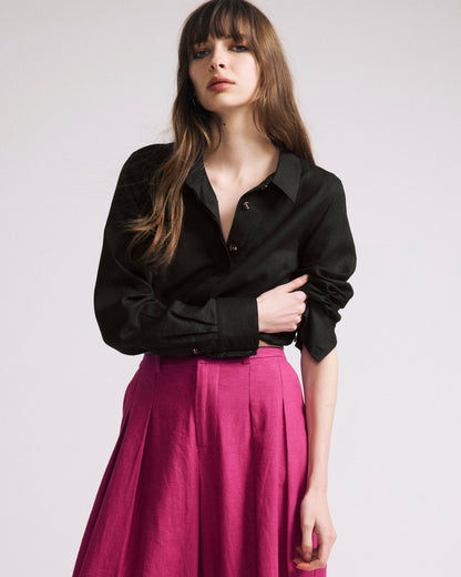 Universal Standard Elbe Popover Stretch Linen Blend Shirt - Black
